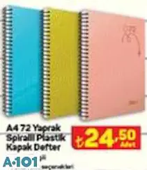 A4 72 YAPRAK SPİRALLİ PLASTİK KAPAK KARELİ/ÇİZGİLİ  DEFTER
